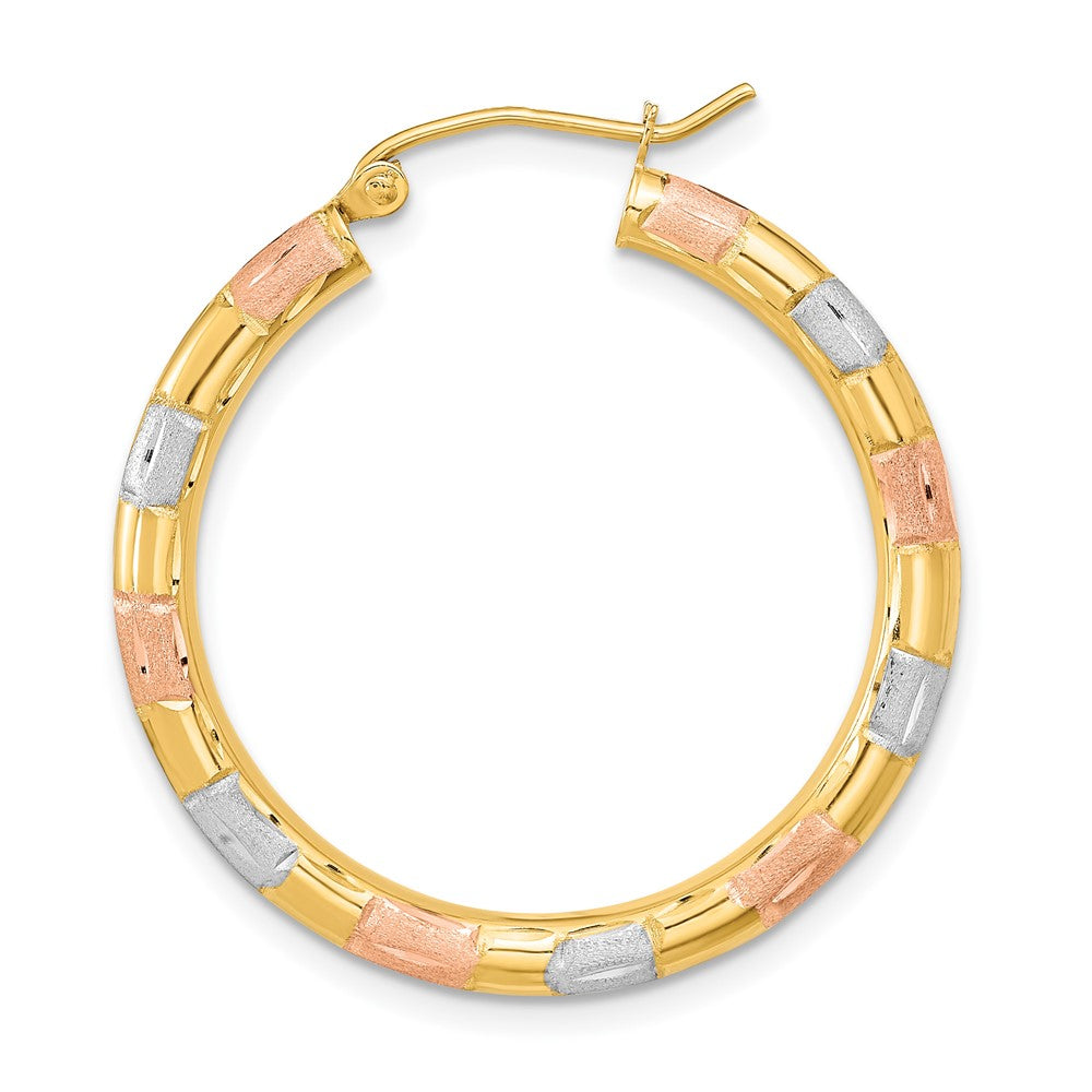 Single 14k w/ White and Rose Rhodium Polished Satin Diamond-cut Hoop Earrin