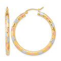14k w/ White and Rose Rhodium Polished Satin Diamond-cut Hoop Earrings