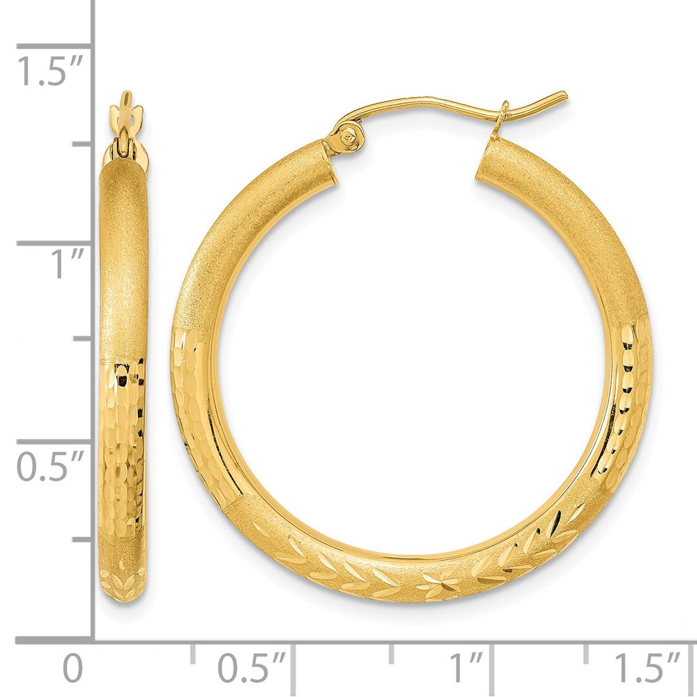 14k Polished Satin and Diamond-cut Hoop Earrings
