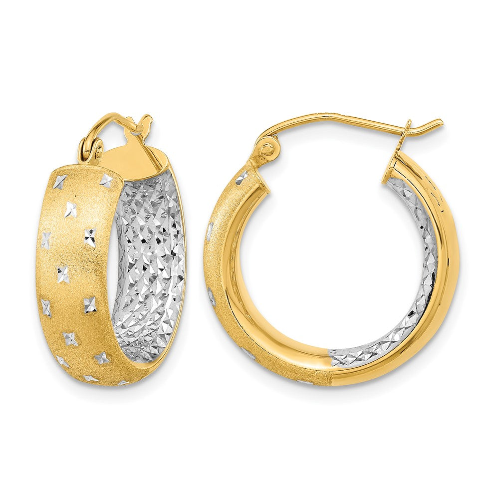 14k White Rhodium Polished Satin Diamond-cut In/Out Hoop Earrings