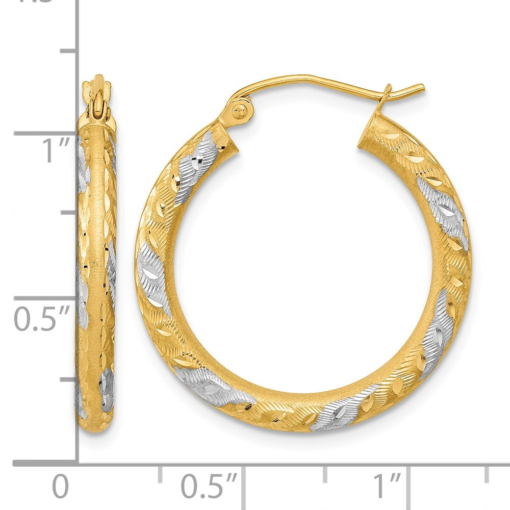14k White Rhodium Diamond-cut Satin Hoop Earrings