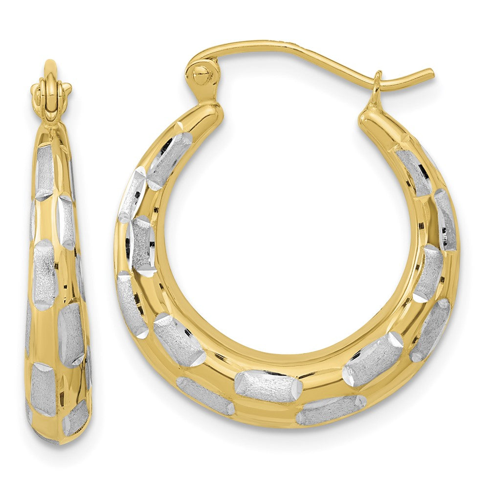 14k White Rhodium Polished Satin Diamond-cut Hoop Earrings