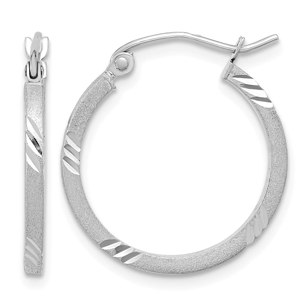 14k White Gold Satin Diamond-cut Square Tube Hoop Earrings