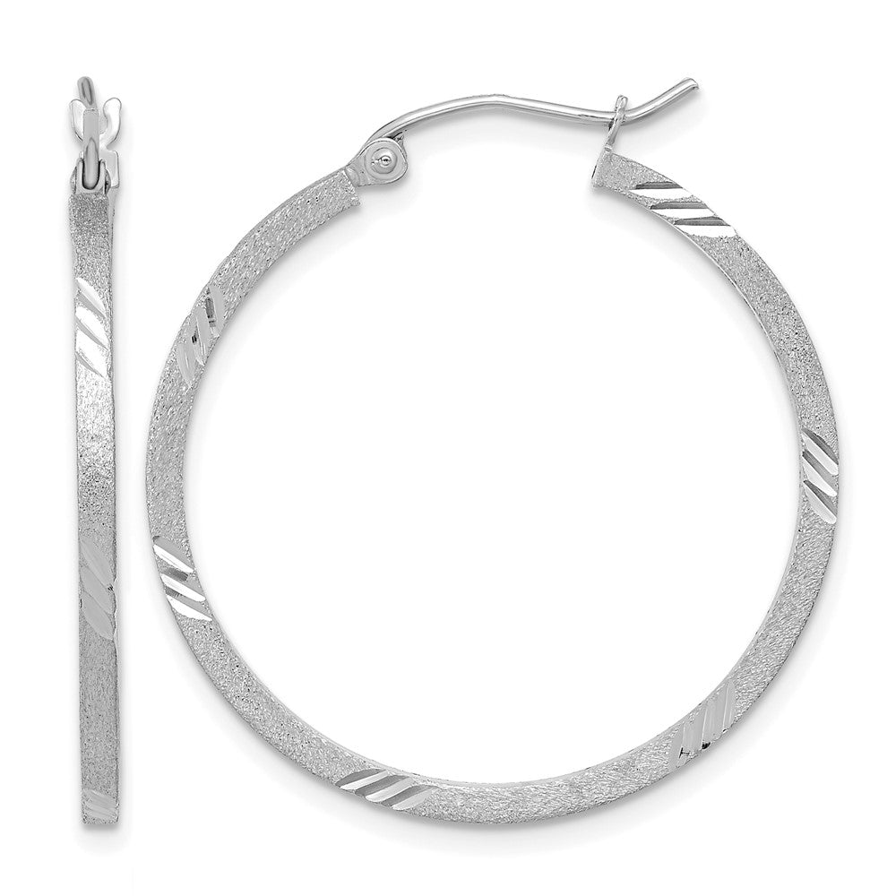 14k White Gold Satin Diamond-cut Square Tube Hoop Earrings