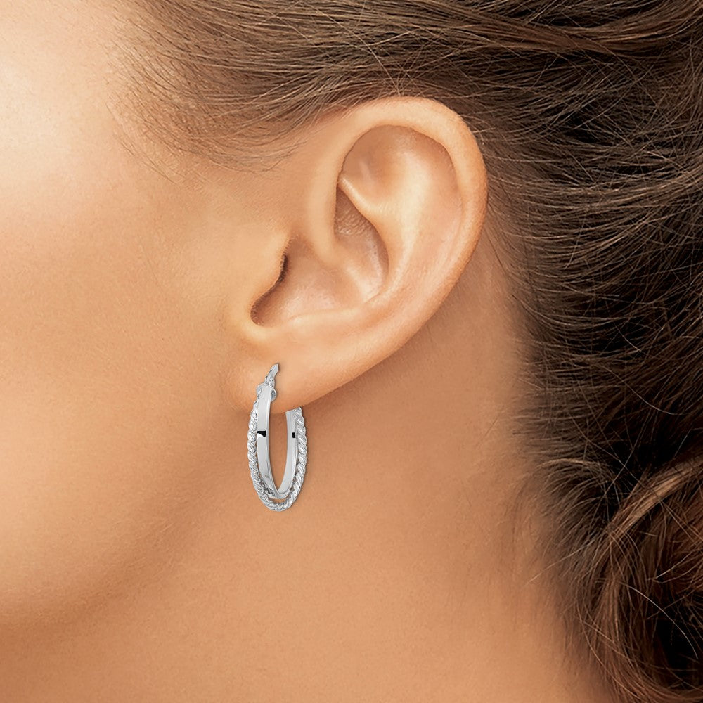 14K White Gold Polished and Textured Oval Hoop Earrings