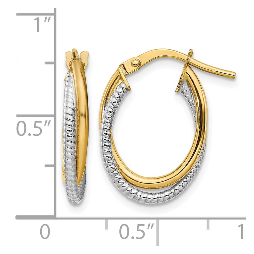14k Two-Tone Polished Textured Double Oval Hoops