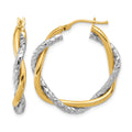 14k Two-tone Polished and Textured Twisted Hoop Earrings