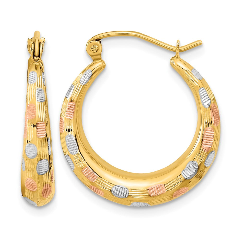 14k White and Rose Rhodium Polished Satin Diamond-cut Hoop Earrings