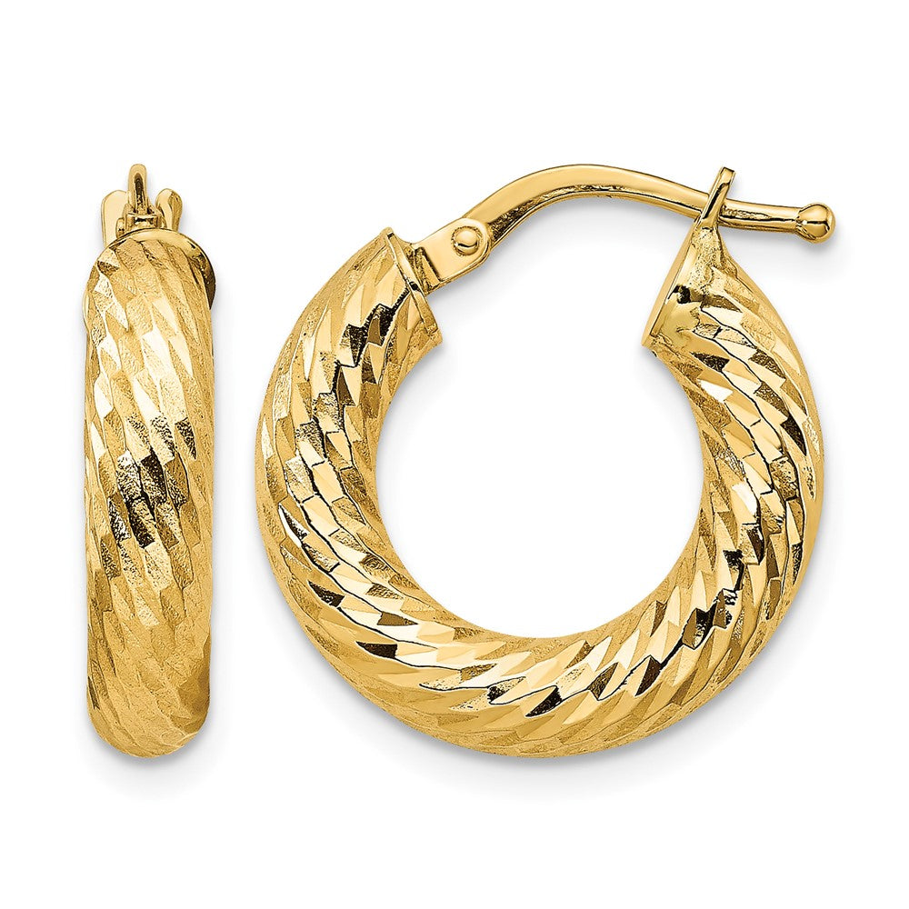 14k 4x18mm Diamond-cut Round Hoop Earrings