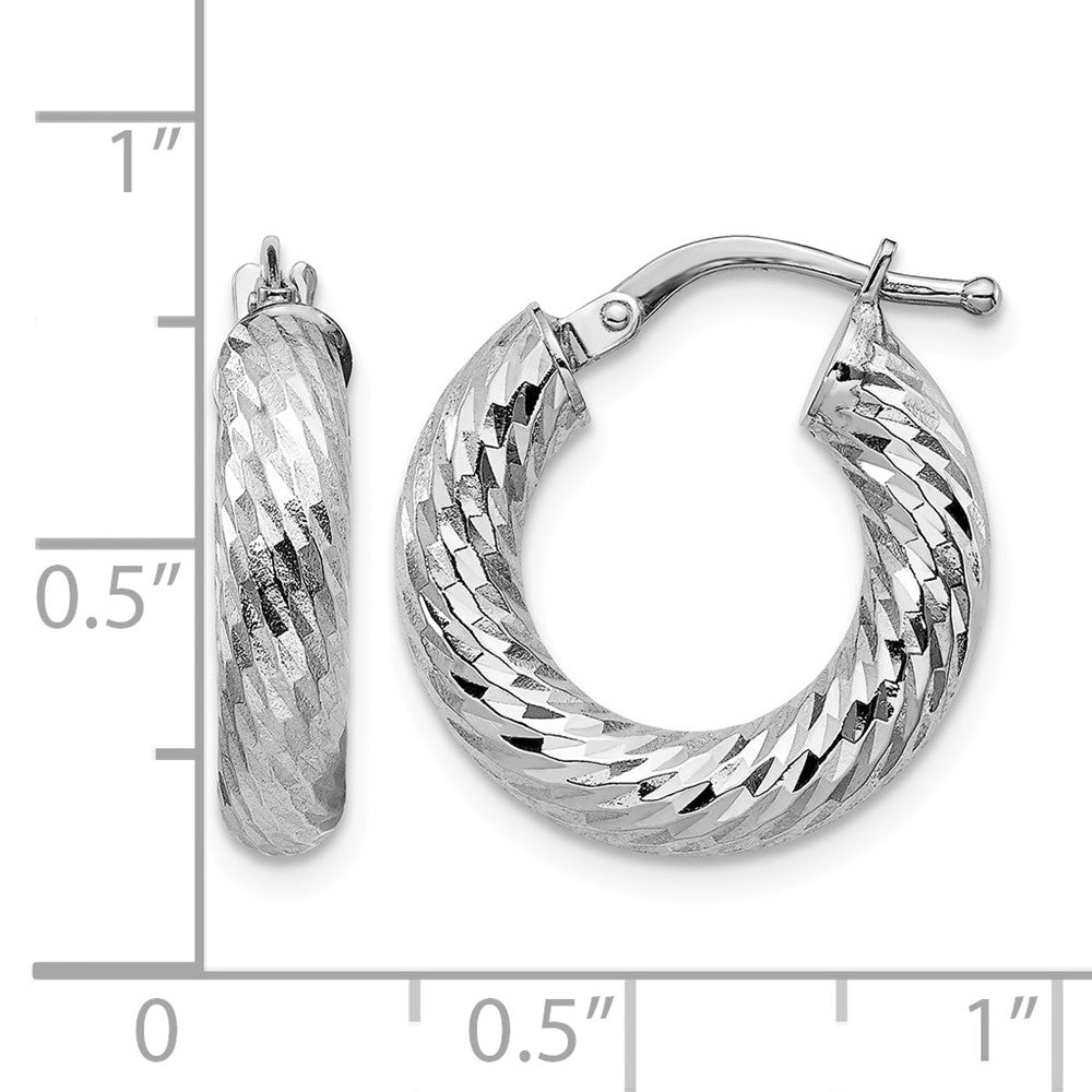 14k 4x18mm White Gold Diamond-cut Round Hoop Earrings