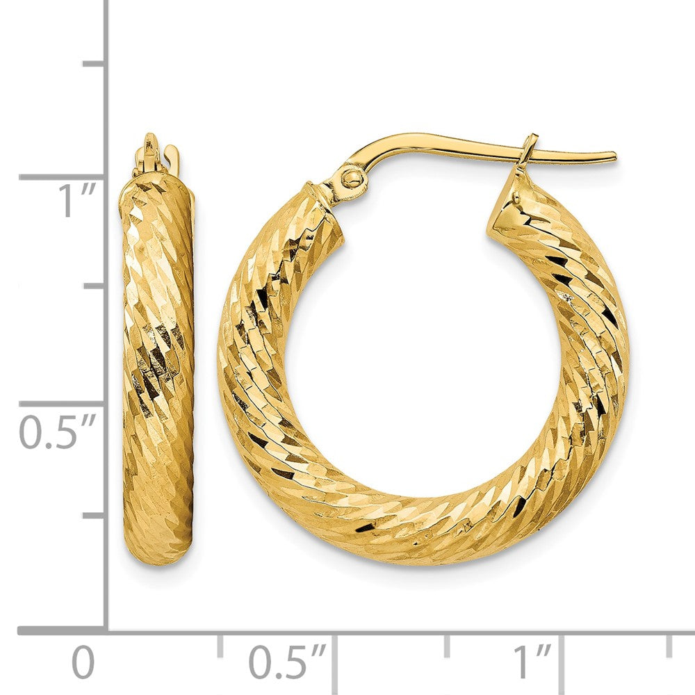 14k 4x22mm Polished Diamond-cut Round Hoop Earrings