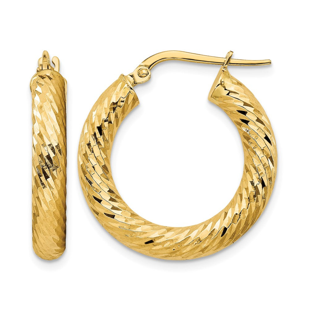 14k 4x22mm Polished Diamond-cut Round Hoop Earrings