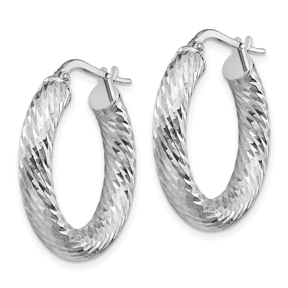 14k 4x22mm White Gold Diamond-cut Round Hoop Earrings