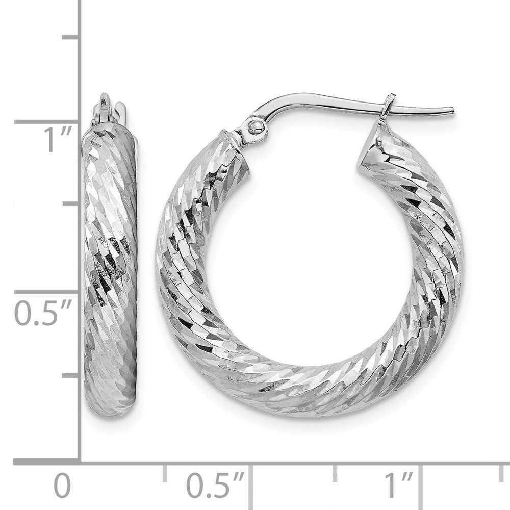 14k 4x22mm White Gold Diamond-cut Round Hoop Earrings