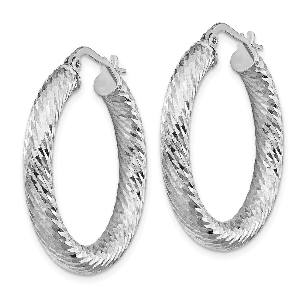 14k 4x30mm White Gold Diamond-cut Round Hoop Earrings