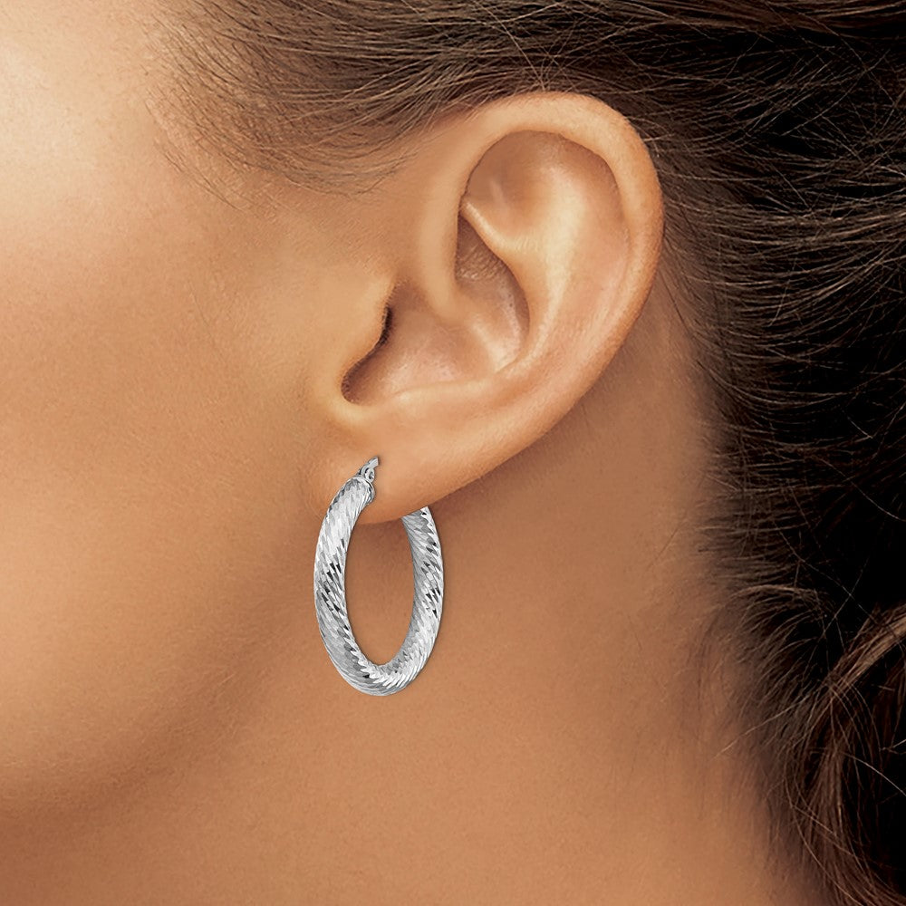 14k 4x30mm White Gold Diamond-cut Round Hoop Earrings