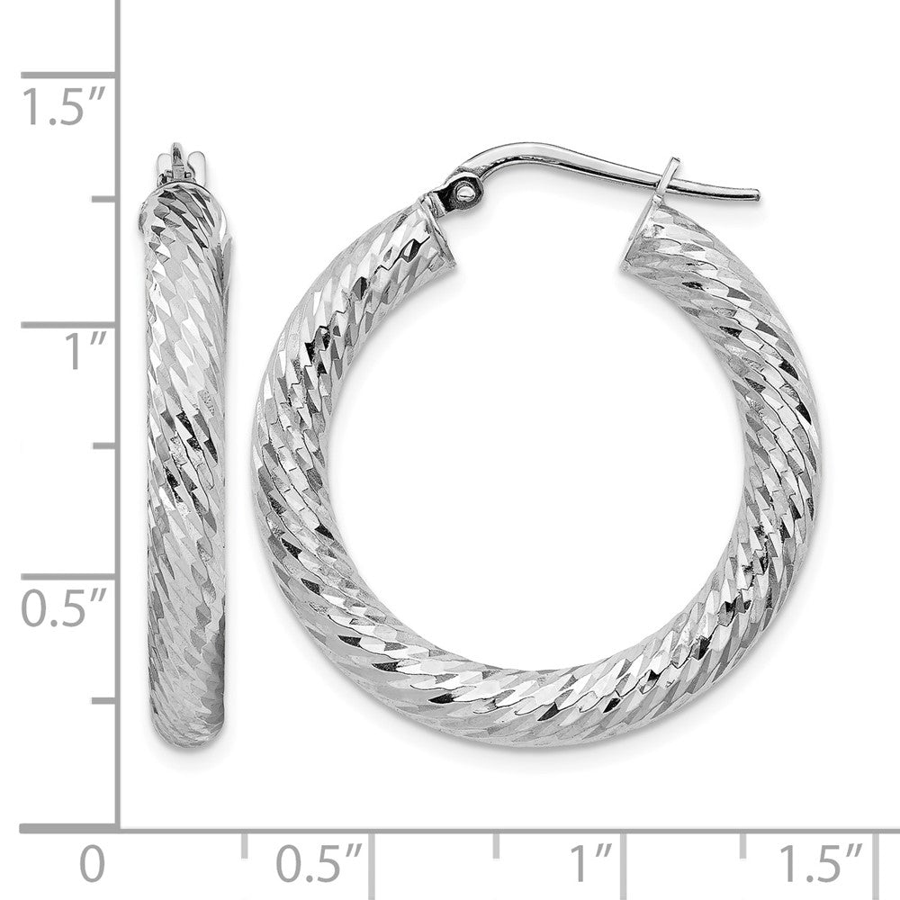 14k 4x30mm White Gold Diamond-cut Round Hoop Earrings