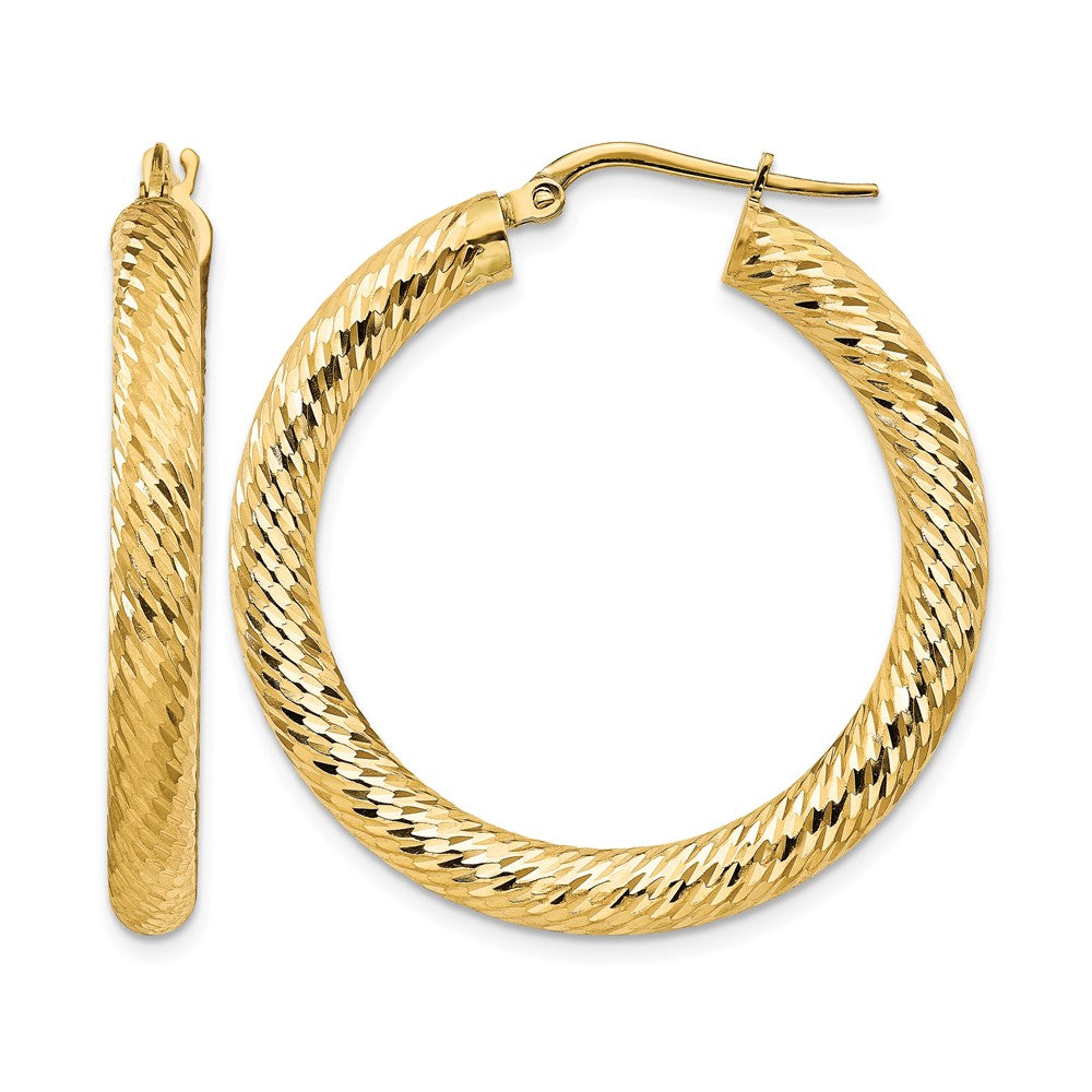 14k 4x35mm Diamond-cut Round Hoop Earrings