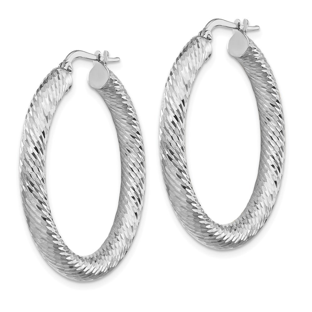 14k 4x35mm White Gold Diamond-cut Round Hoop Earrings