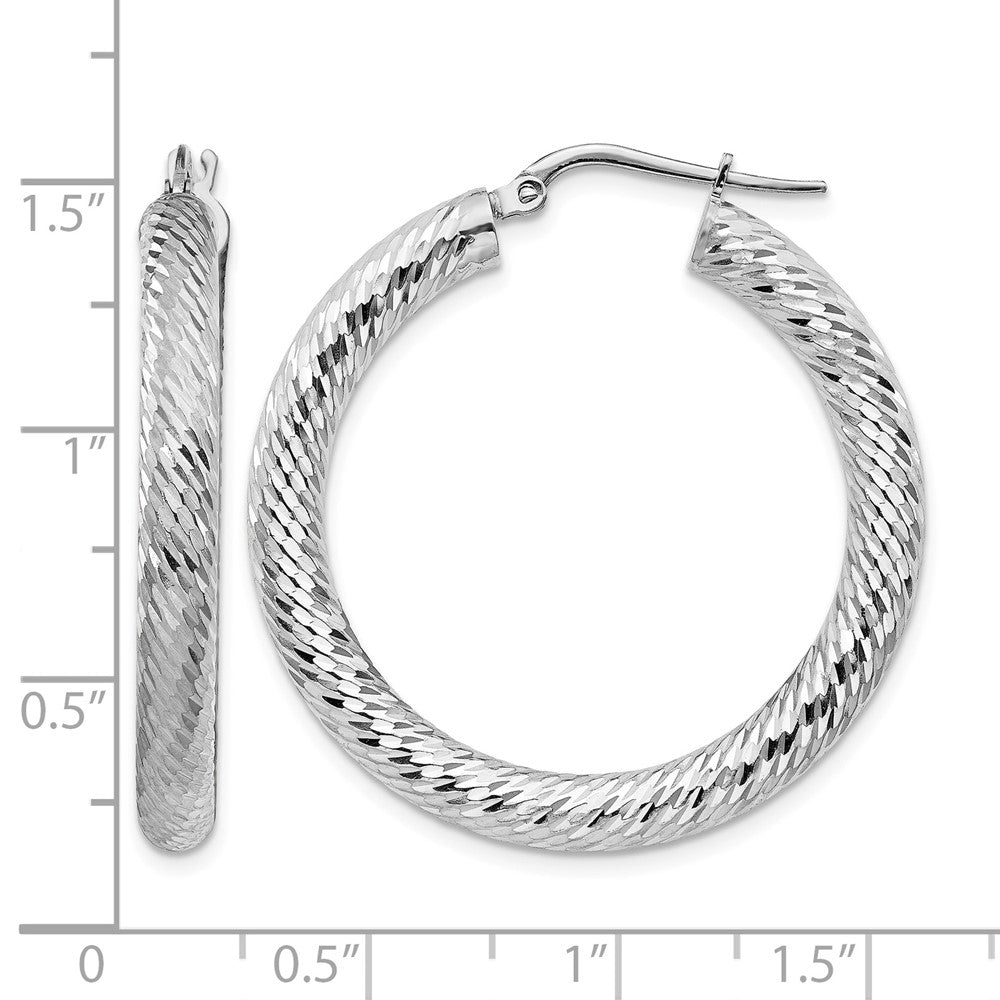 14k 4x35mm White Gold Diamond-cut Round Hoop Earrings