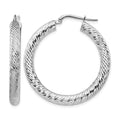 14k 4x35mm White Gold Diamond-cut Round Hoop Earrings