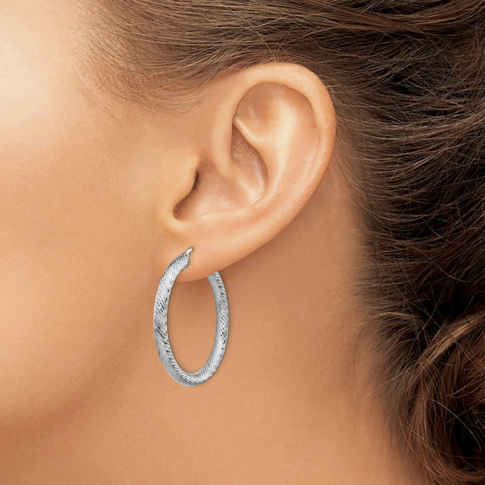 14k 4x40mm White Gold Diamond-cut Round Hoop Earrings