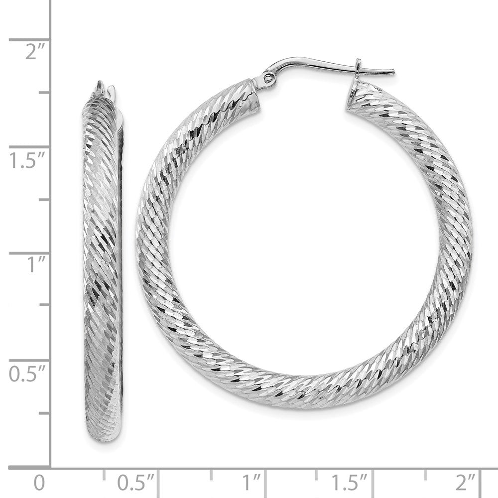 14k 4x40mm White Gold Diamond-cut Round Hoop Earrings