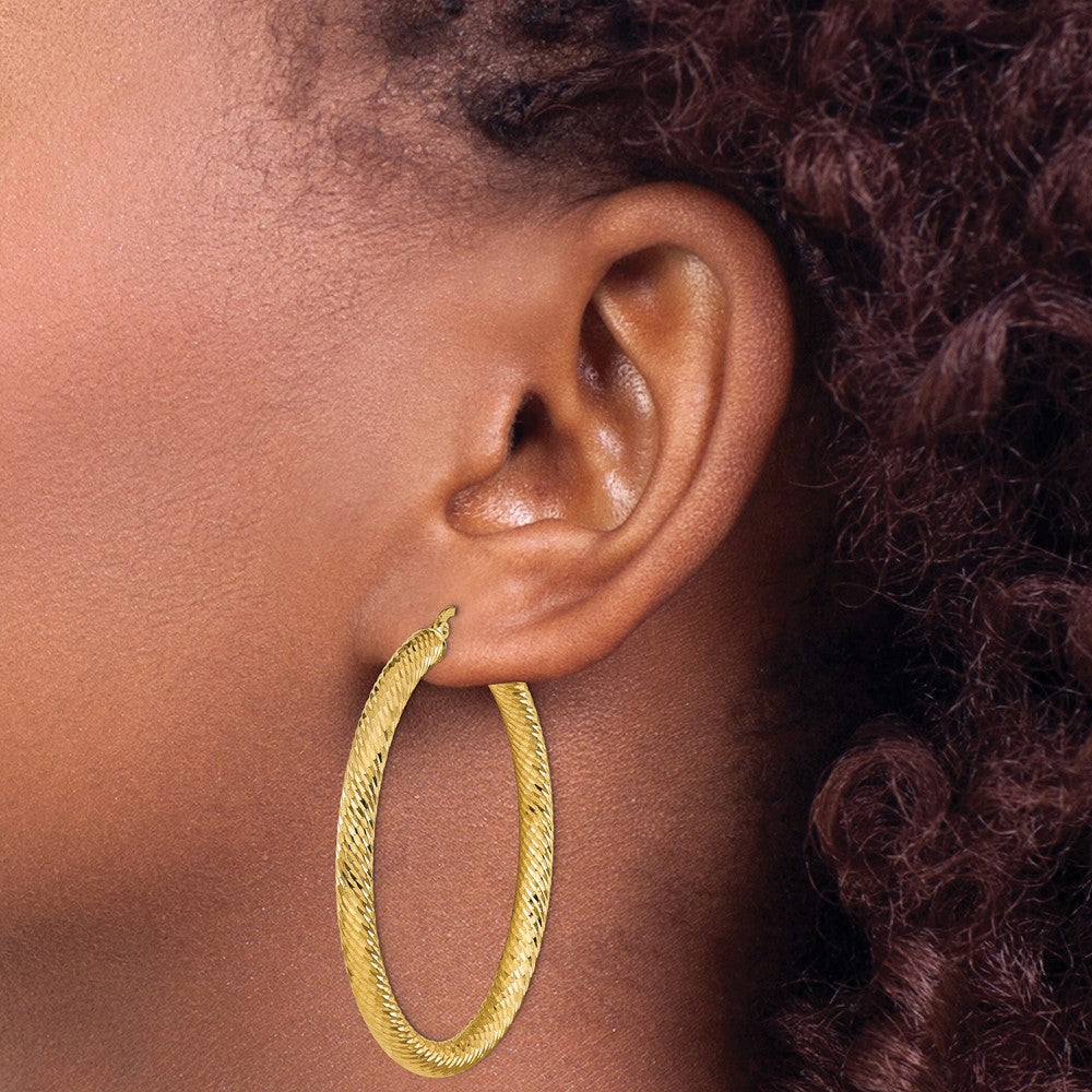 14k 4x50mm Diamond-cut Round Hoop Earrings