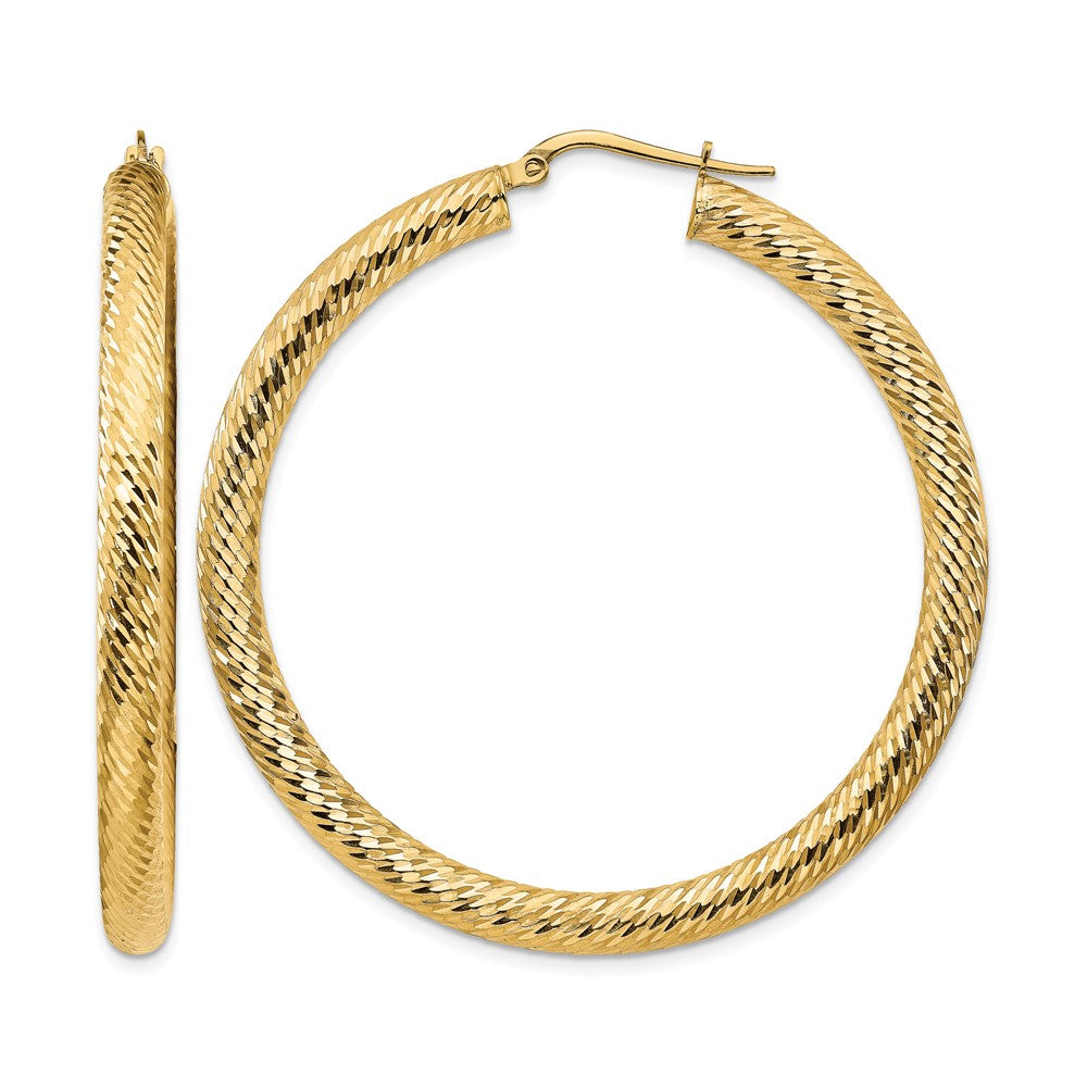 14k 4x50mm Diamond-cut Round Hoop Earrings