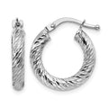 14k 3x16mm White Gold Diamond-cut Round Hoop Earrings