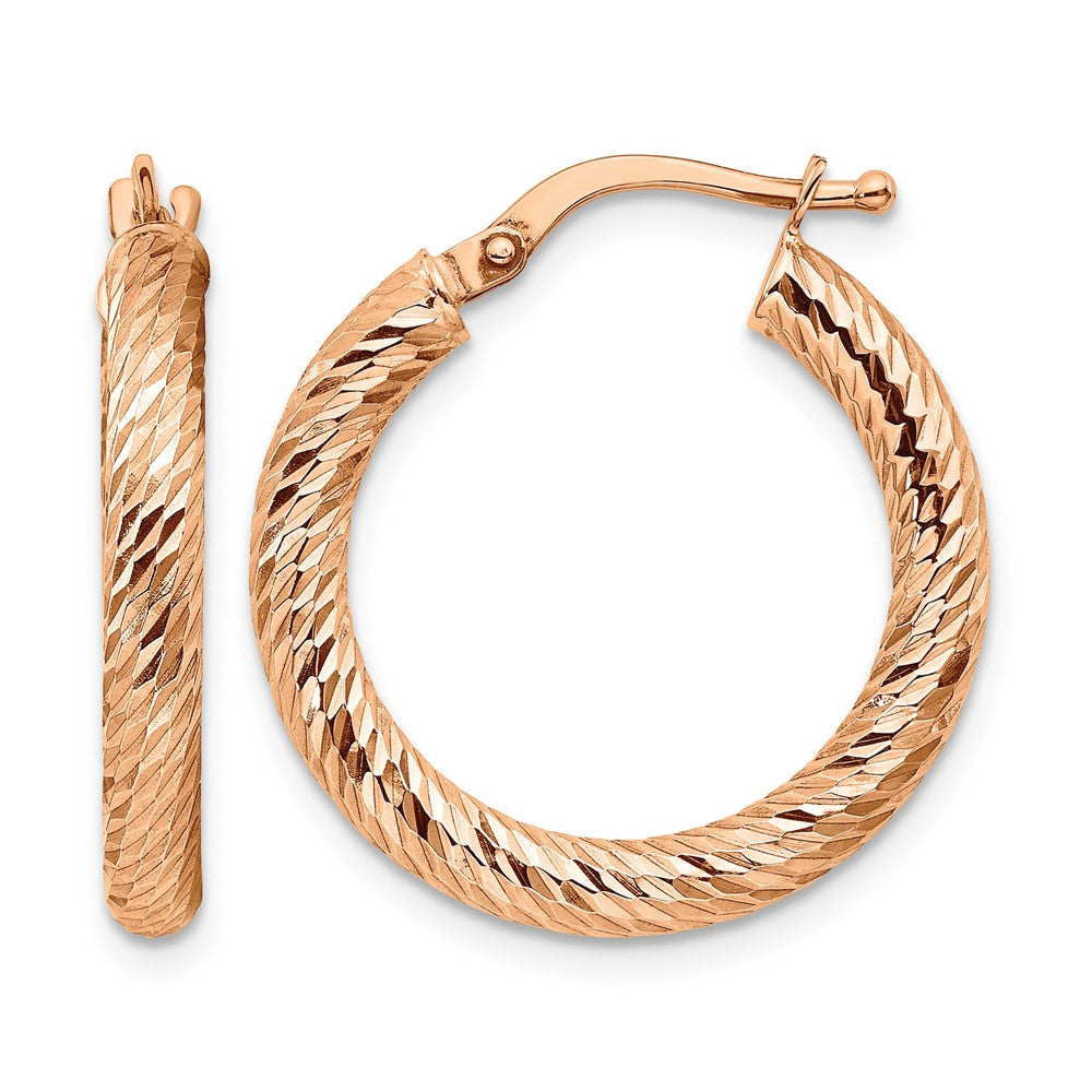 14k 3mm Polished Rose Gold Diamond-cut Round Hoop Earrings