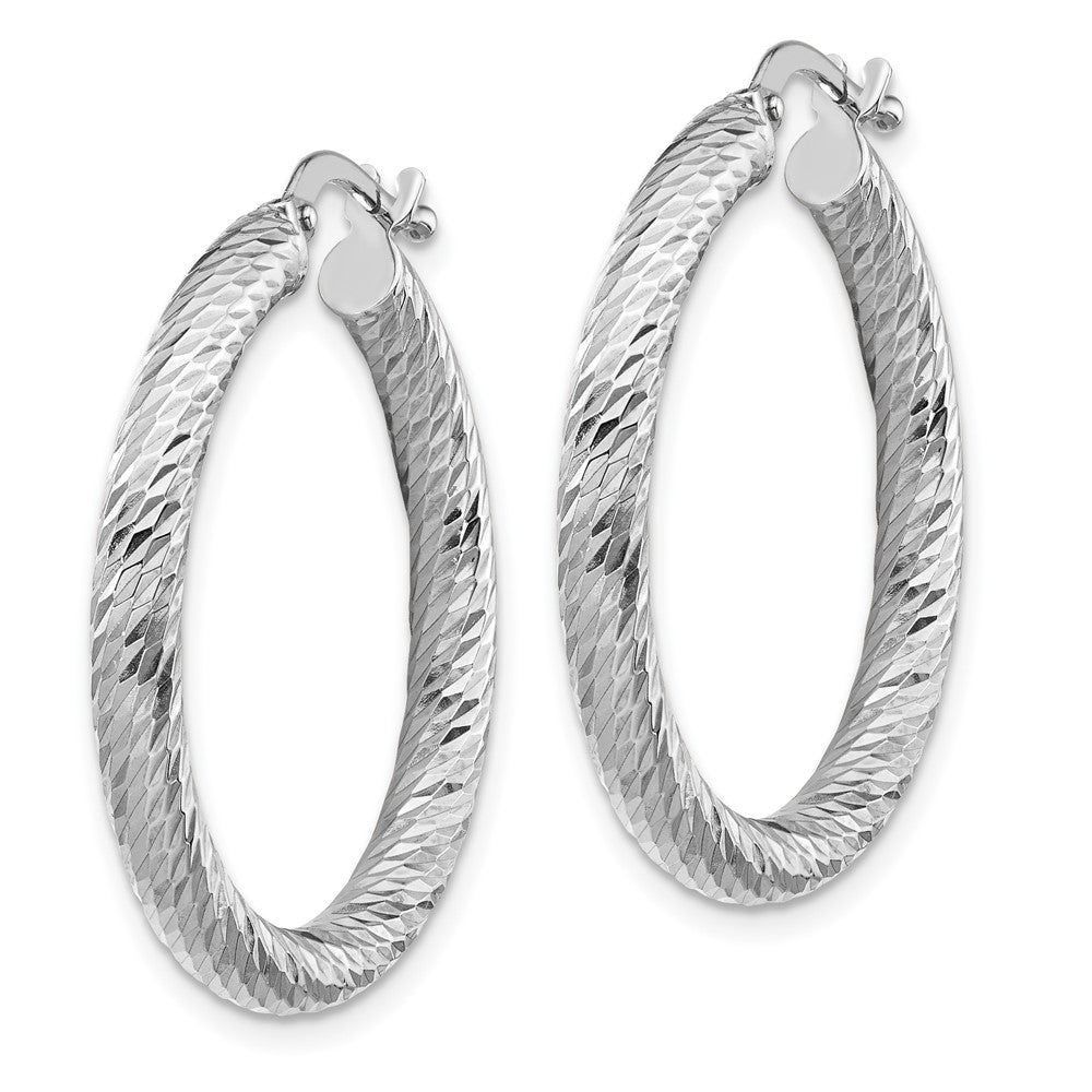14k 3x27mm White Gold Diamond-cut Round Hoop Earrings