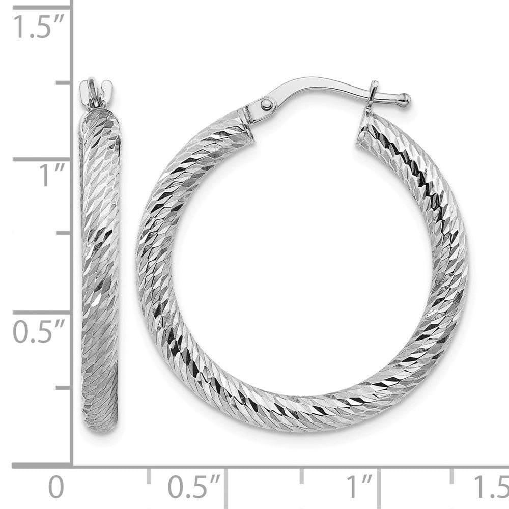 14k 3x27mm White Gold Diamond-cut Round Hoop Earrings