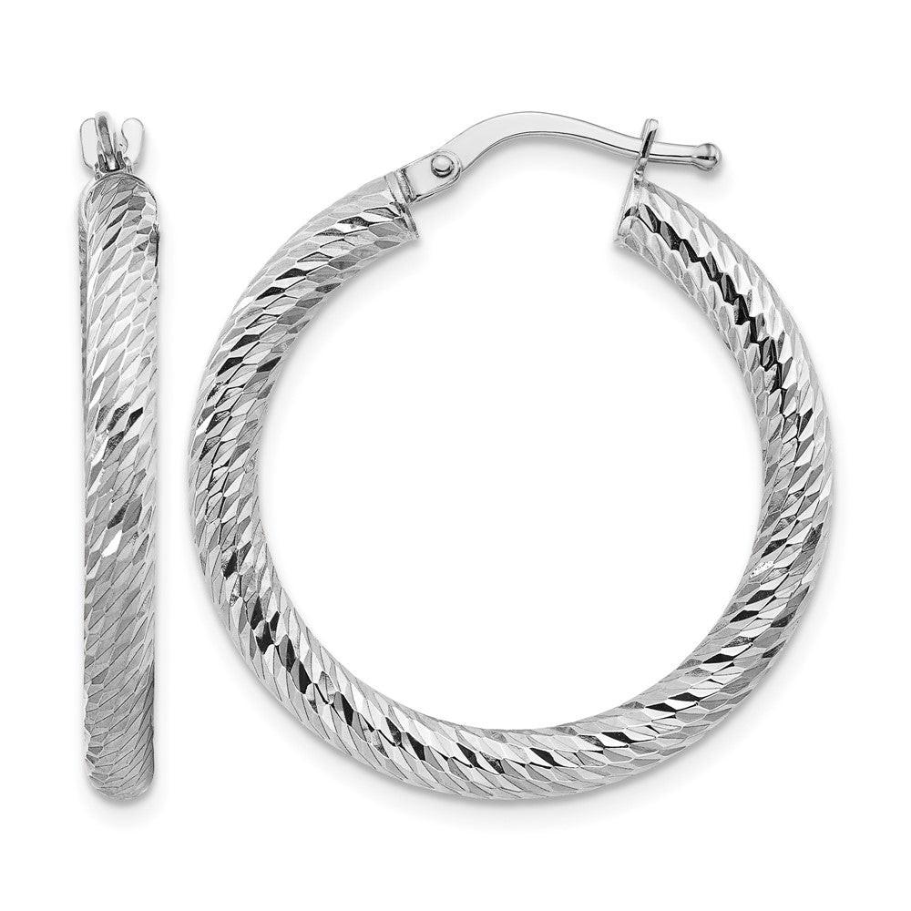 14k 3x27mm White Gold Diamond-cut Round Hoop Earrings