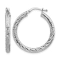 14k 3x27mm White Gold Diamond-cut Round Hoop Earrings