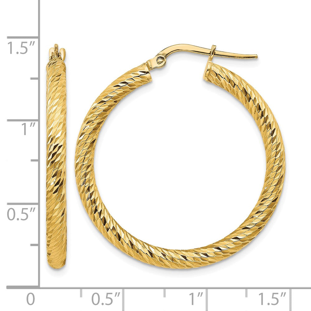 14k 3x32mm Diamond-cut Round Hoop Earrings