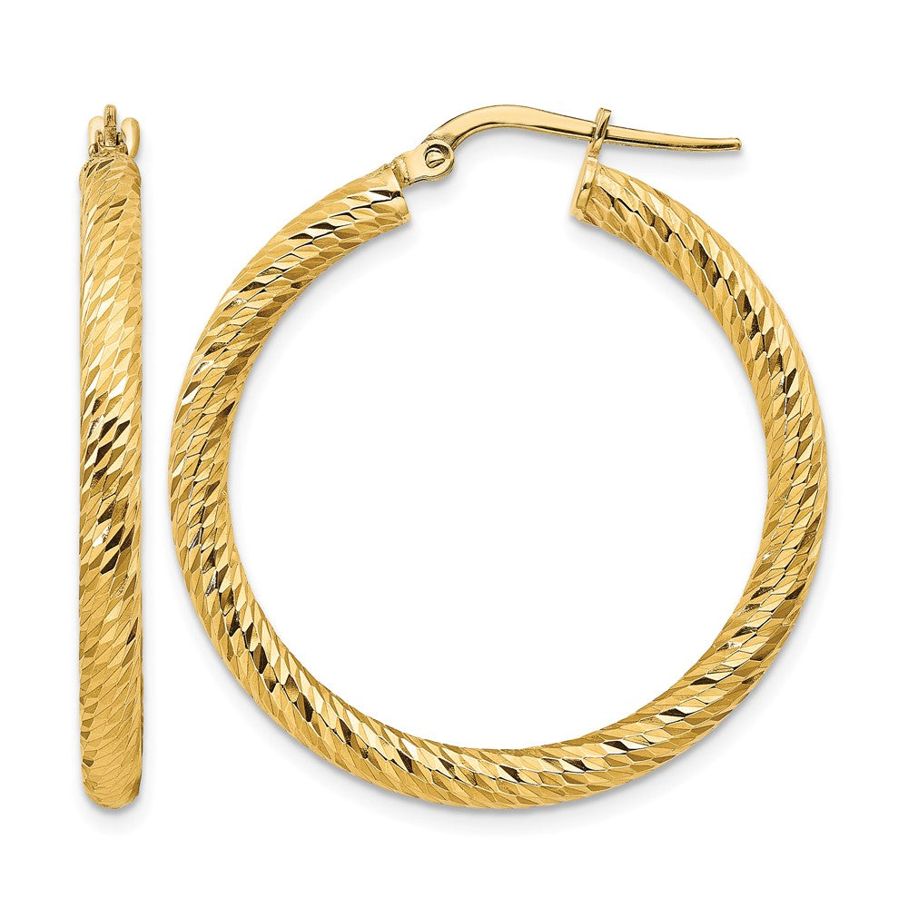 14k 3x32mm Diamond-cut Round Hoop Earrings