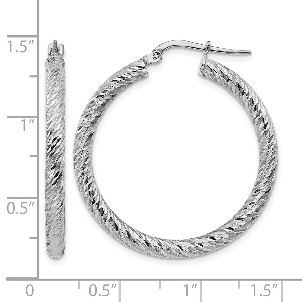 14k 3x32mm White Gold Diamond-cut Round Hoop Earrings
