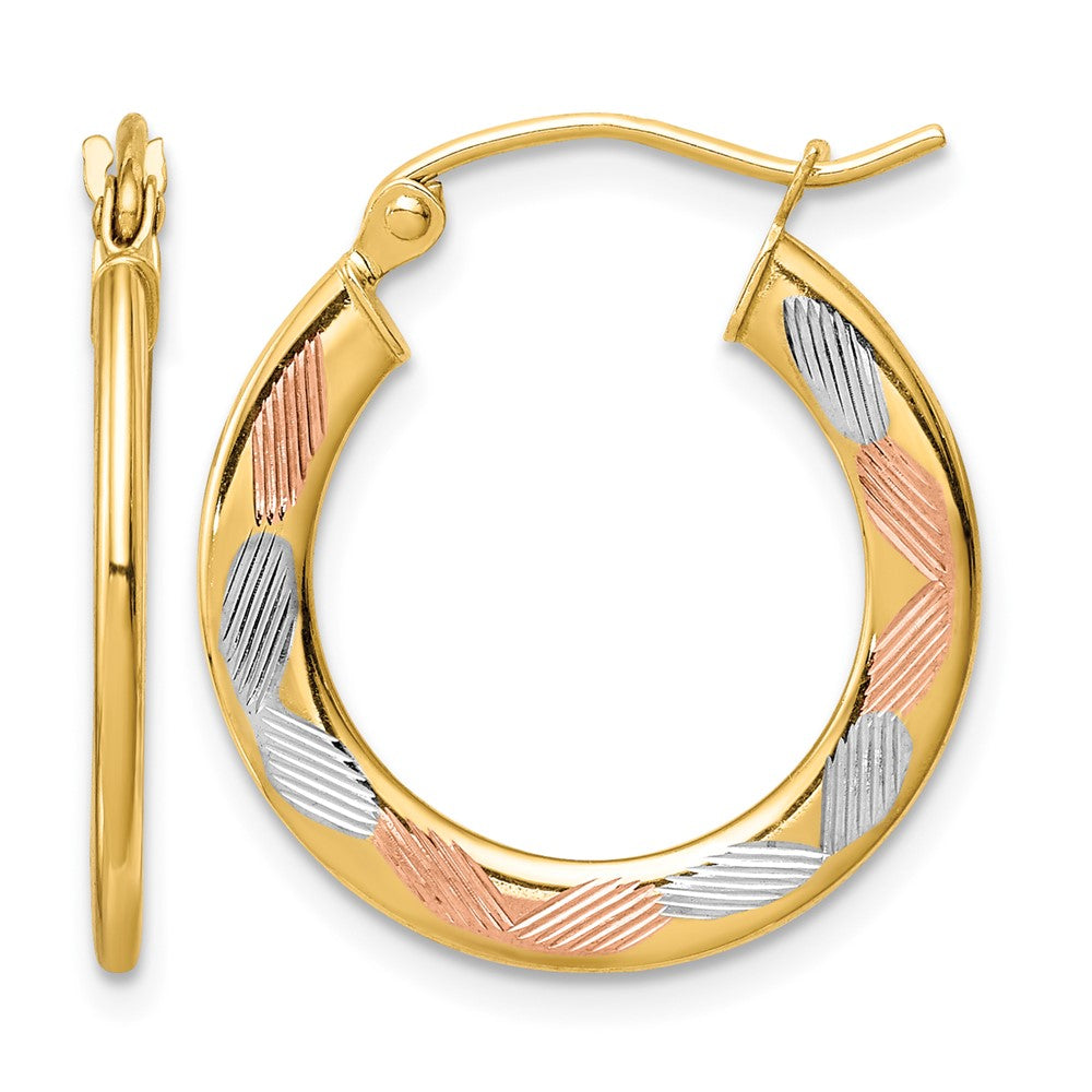 14k w/White and Rose Rhodium Diamond-cut Hoop Earrings