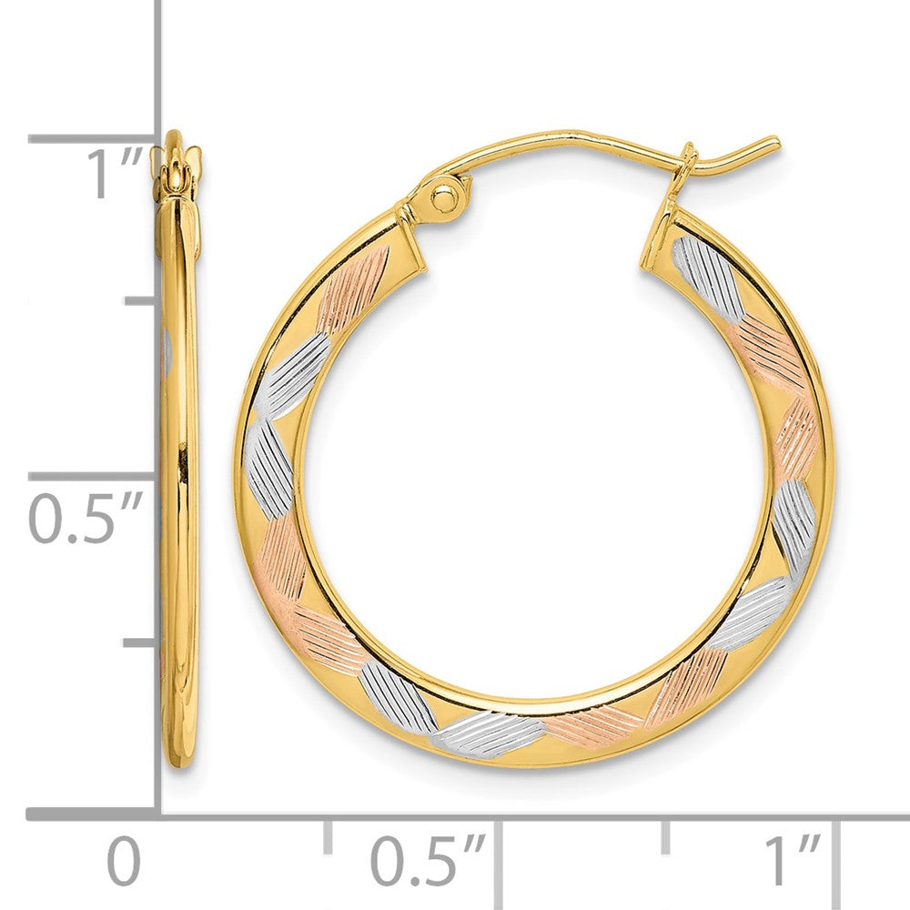 14k w/White and Rose Rhodium Diamond-cut Hoop Earrings