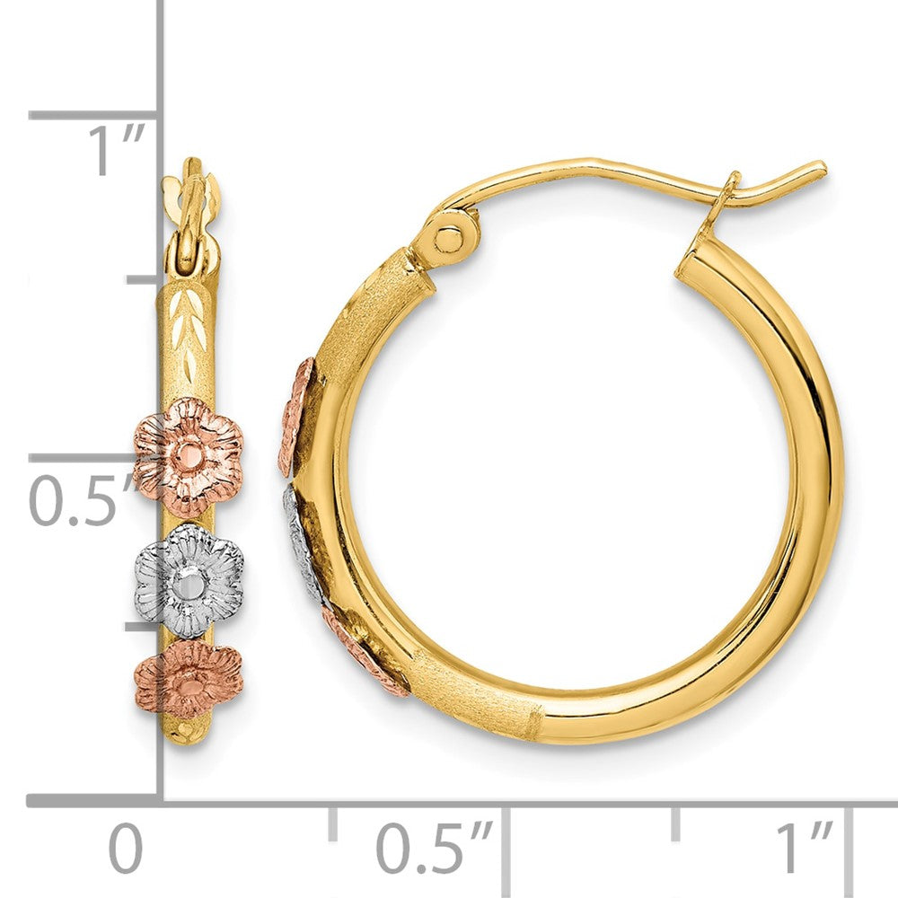 14k Polished & Satin Tri-color Flower Hoop Earrings