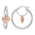 14k Two-tone Rose and White D/C Heart Dangle Hoop Earrings