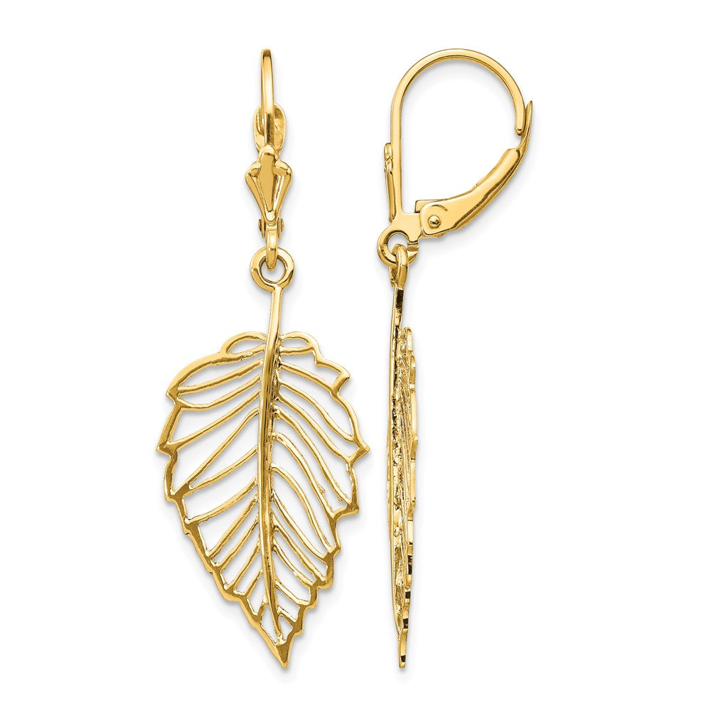 14K Polished Leaf Leverback Earrings