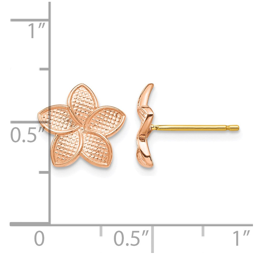 14K Rose Gold Polished & Textured Plumeria & Yellow Post & Earring Backs
