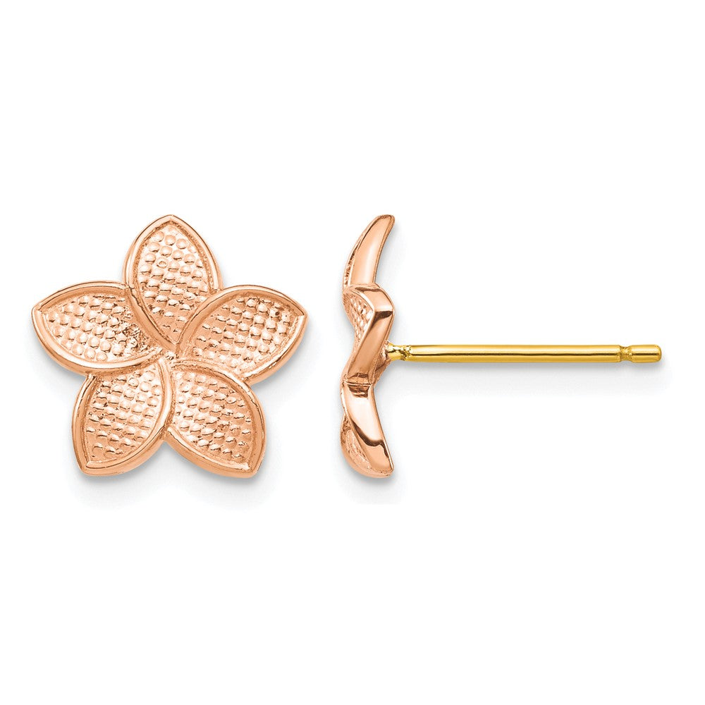 14K Rose Gold Polished & Textured Plumeria & Yellow Post & Earring Backs