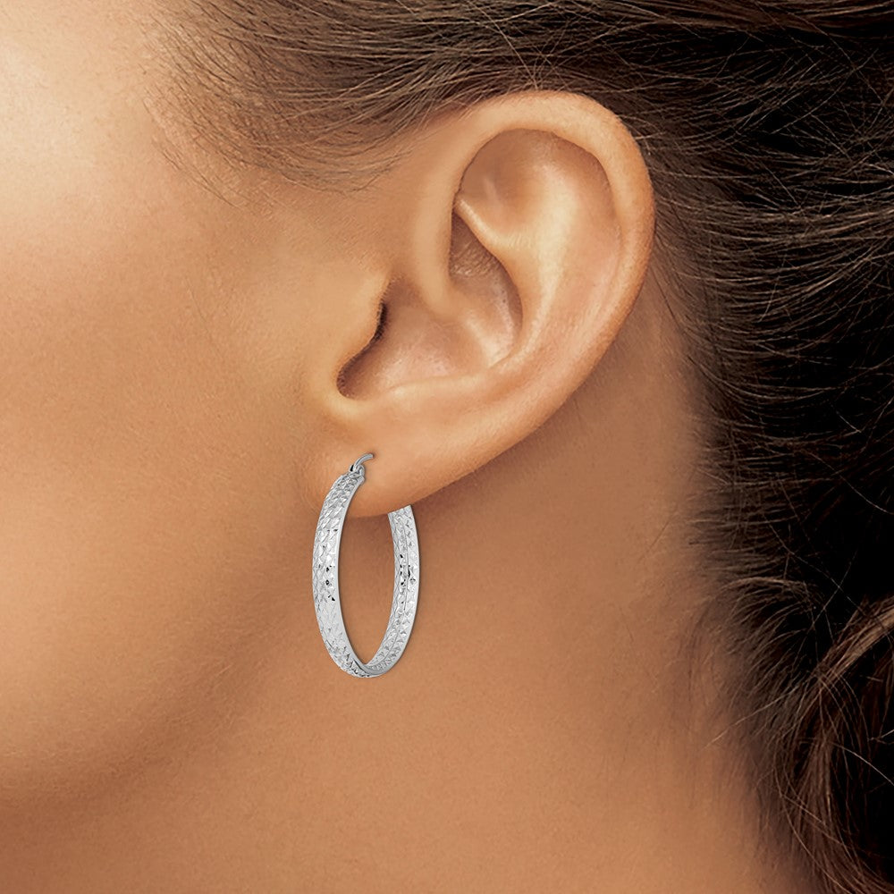 14k White Gold Diamond-cut In/Out Hoop Earrings