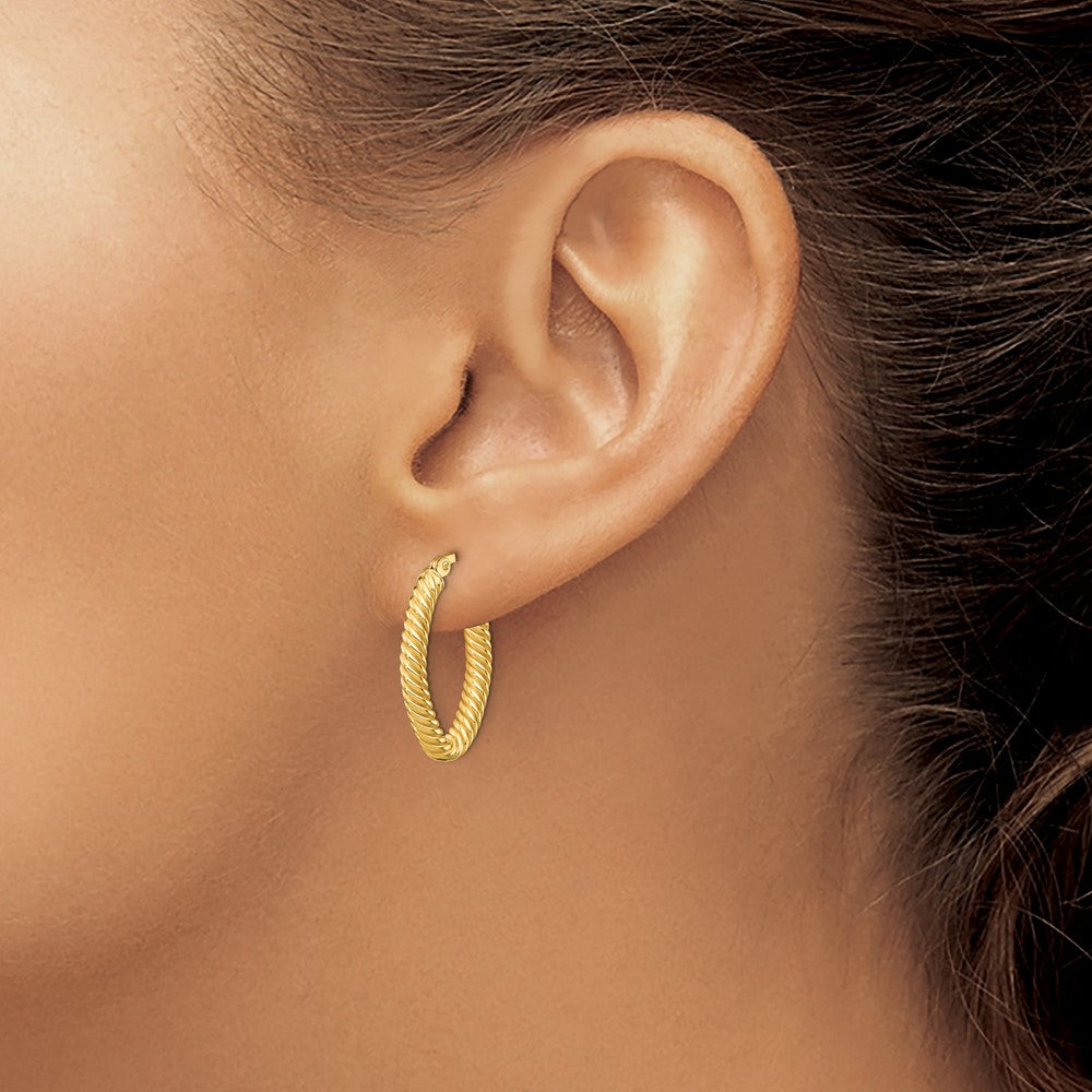14K Small 3mm Textured Oval Hoop Earrings