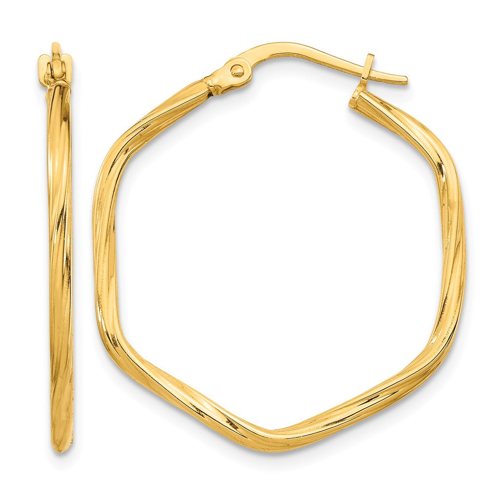 14K 1x1mm Textured Twist Hexagon Hoop Earrings