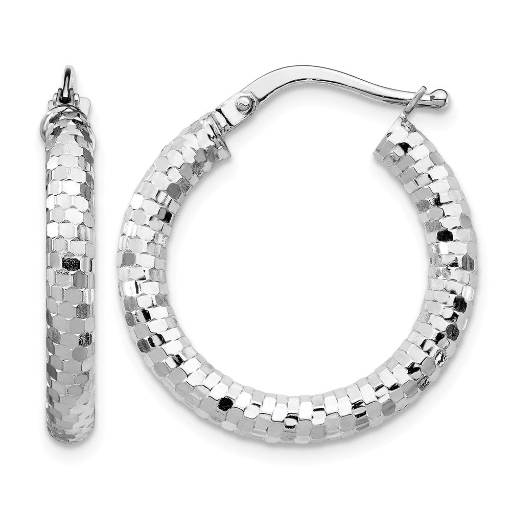 14k White Gold 3x22mm Diamond-cut Hoop Earrings