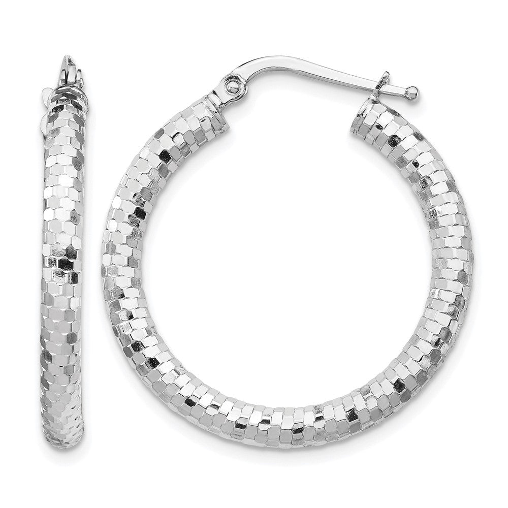14k White Gold 3x27mm Diamond-cut Hoop Earrings